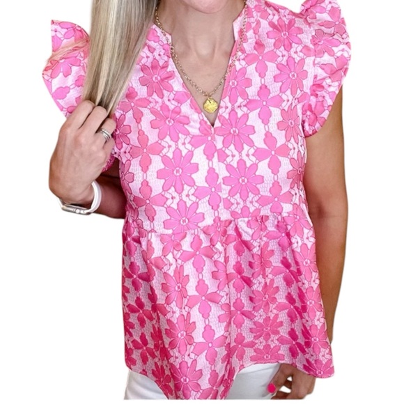 entro Tops - Entro Pink Floral Lace Blouse